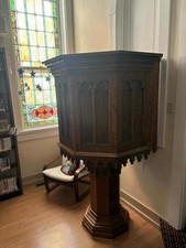 Antique Oak Gothic Revival Hexagonal Pulpit Vintage Church Podium Lectern