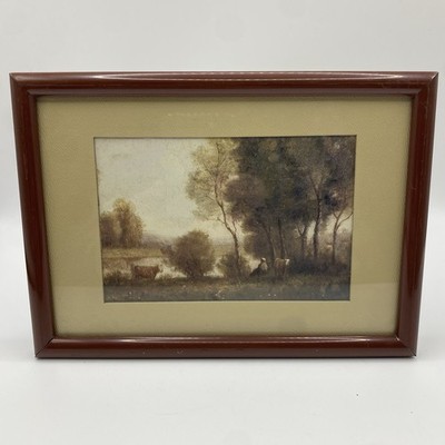 Gerahmter Landschaftsdruck brauner Rahmen Wandbild Pastoralszene 13x18cm