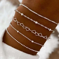 5pc Silver Tone Chain Bead Bracelet Women Simple Elegant Beach Party Jewelry
