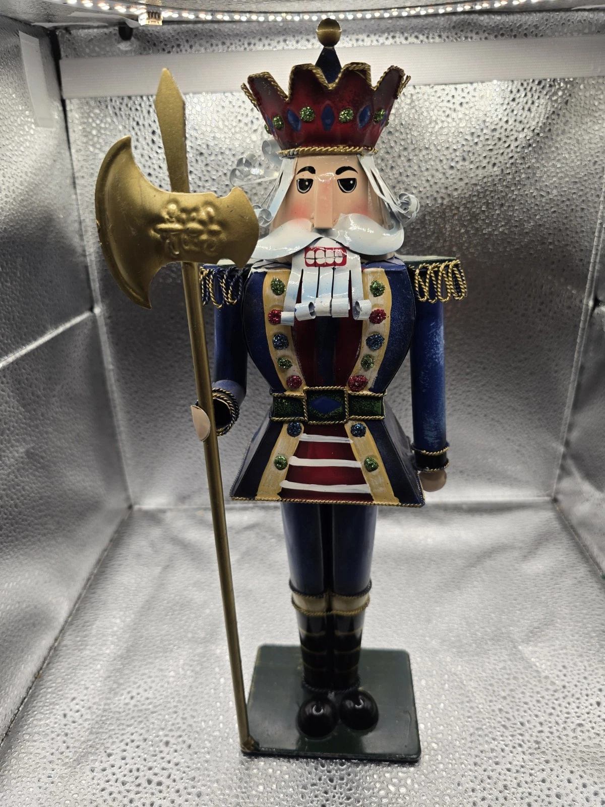 Metal Nutcracker King Figurine Blue, Candle Holder, 13” Tall