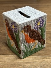 Vintage Plastic Canvas Tissue Box Holder With A Robin And Flower Design