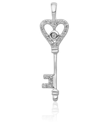 14K massives Weißgold 0,10 ct Diamant Medium Herz Schlüssel Anhänger Halskette 24mm