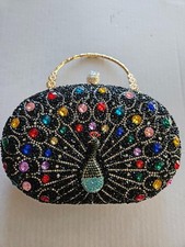 Peacock BLACK Rhinestone Evening Bag Luxury Beaded Clutch Purse Gold Trim Chain