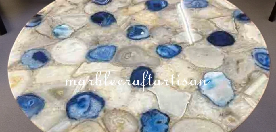 Mix Agate Round Table Top Handmade Art Crystal Blue Stone Luxury Patio Furniture - Image 2 of 4