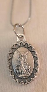 Handsome Etch Detailed Oval Silvertone Guardian Angel & Children Medal Necklace