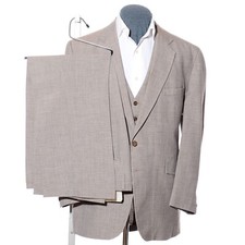 43R Vintage 70s Sears Taupe Polyester 3-Piece Suit 38x29 Trousers Vest Jacket