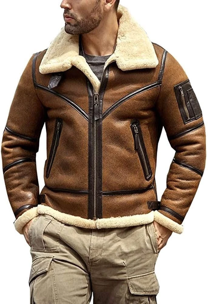 Mens B3 RAF Bomber Irvin Aviator Flying Pilot Fur Shearling Real Leather Jacket