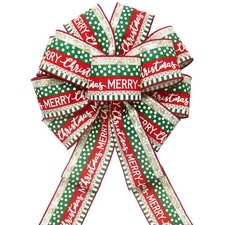 Wired Red and Green Stripes Merry Christmas Bows for Wreaths, Signs, Decorations