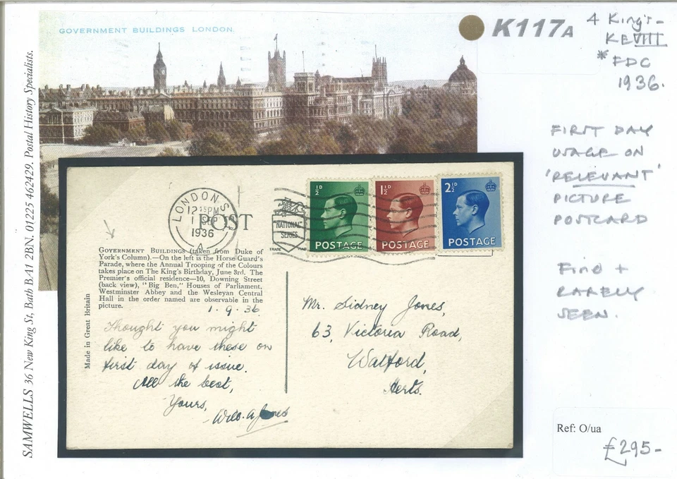 GB KEVIII FDC London RELEVANT PICTURE POSTCARD Usage London 1936 K117a - Image 3 of 4