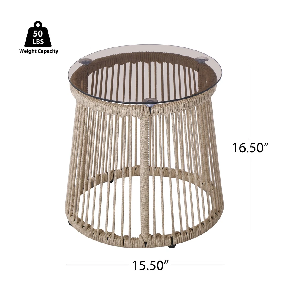 Outdoor Modern Patio Accent End Table Small Side Table Handwoven Rope Drum - Image 3 of 4
