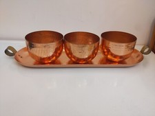 Home Essentials Copper Hammered Tray W/ Handles & 3 Bowls Decor India