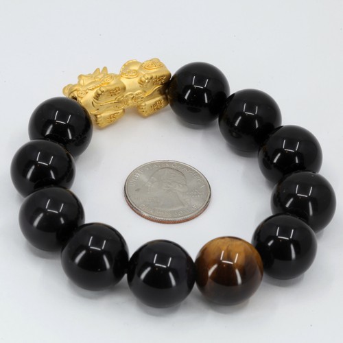 24K Solid Yellow Gold Pi Xiu 貔貅 Lucky Wealth Black Obsidian Bracelet 3.9 Grams - Picture 2 of 4