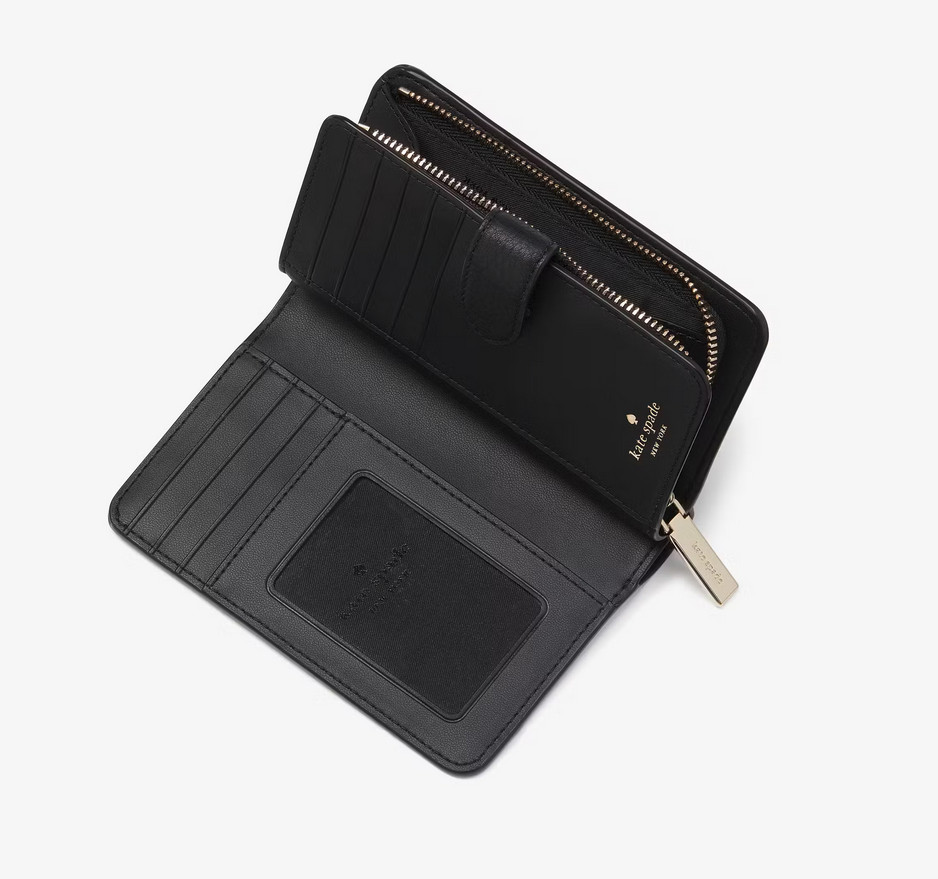 Kate Spade Lena Medium Compact Bifold Wallet Black Pebble Leather KH787 $199
