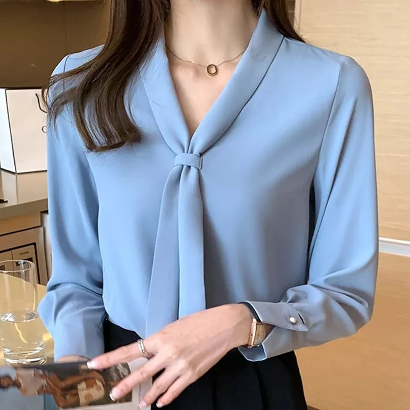 Long Sleeve Chiffon Shirt Blouse Women V-Neck Office Lady Tops Blouses