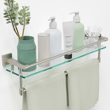 Brushed Nickel 24" Wall-Mounted Glass Shelf with Towel Rack for Bathroom