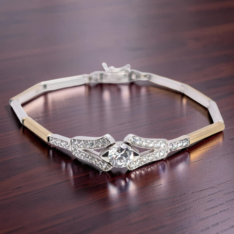 ESTATE VINTAGE SOLID 14K WHITE & YELLOW GOLD CZ DECO STYLE 7" BRACELET #7916