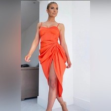 PrettyLittleThing Orange Satin Underbust Detail Elegant Wrap Midimax Dress Size0