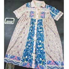 Boho Patchwork Floral Lace Accent Button Front Shirt Dress Pink Blue Cottage Lg