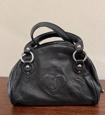 Vintage Juicy Couture Black Pebbled Leather Bowler Handbag Heart J, J Tags, Nice