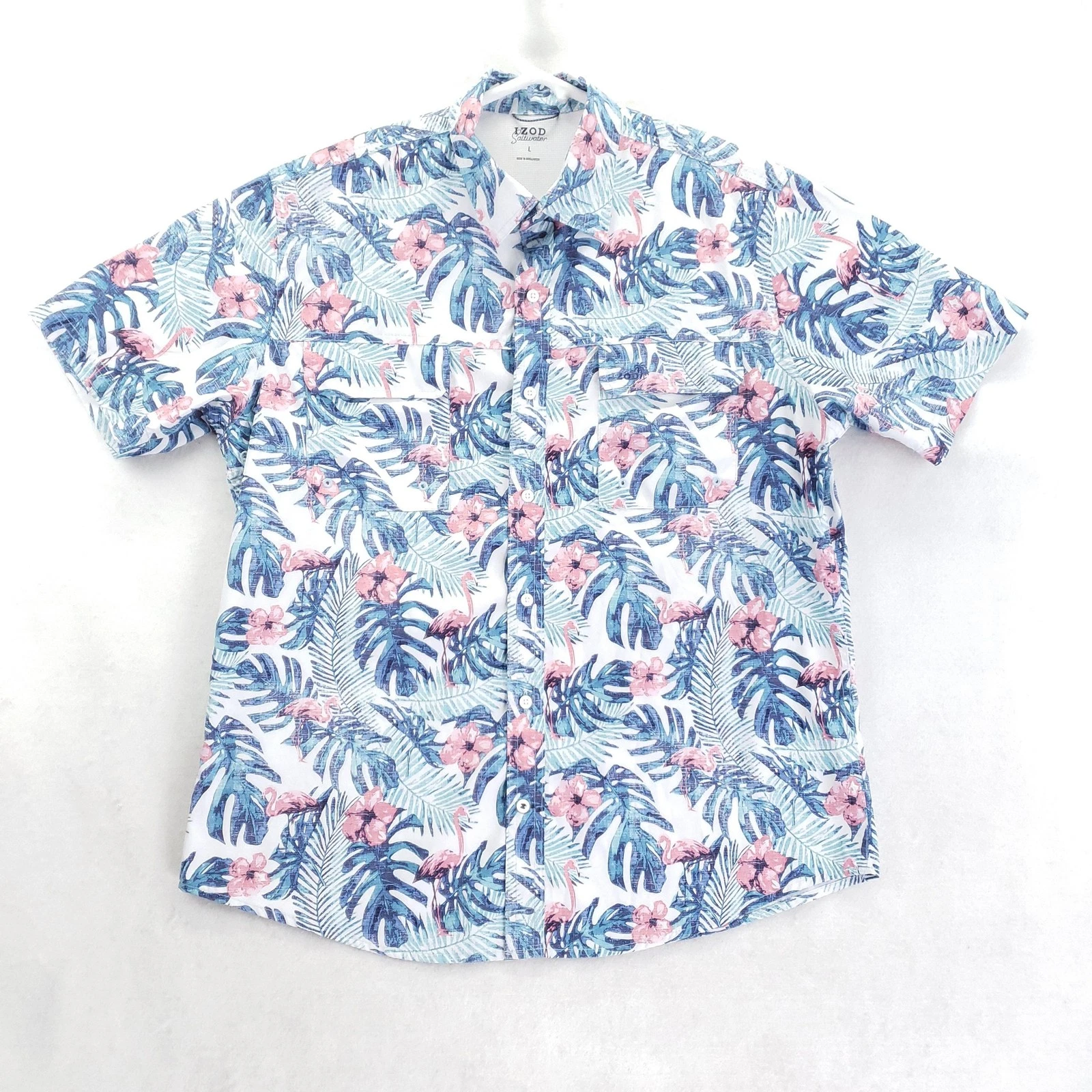 IZOD Saltwater Shirt Mens Large Multicolor Flamingo Hawaiian Stretch Casual