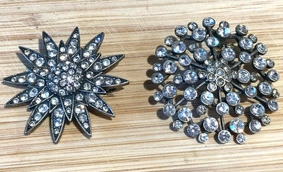 Vintage Mid-Century Atomic Starburst Rhinestone Brooches Silver Tone - Lot of 2