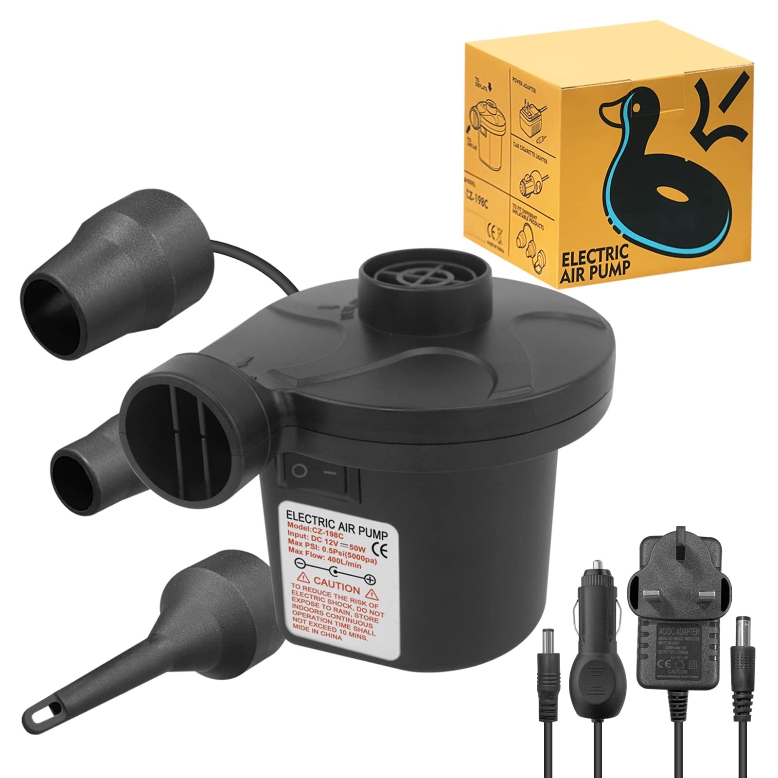 Jsdoin Electric Pump for Inflatables with 3 Nozzles, AC 240V/DC 12V 50W Black