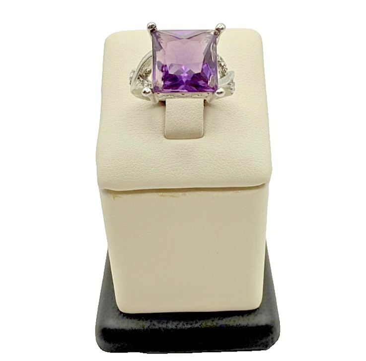 Sterling Silver Synthetic Amethyst & CZ Square Ring - Size 6