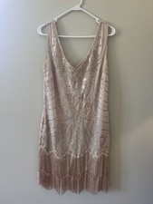 Babeyond Flapper Midi Dress Women s M 1920s V Neck Bead Fringe SZ XL Biege