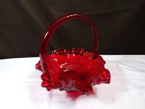 Fenton Ruby Red Glass Cabbage Rose Basket - Embossed Roses Design