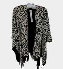 CHICO'S Ruana One Size Leopard Print Fringe Open Front