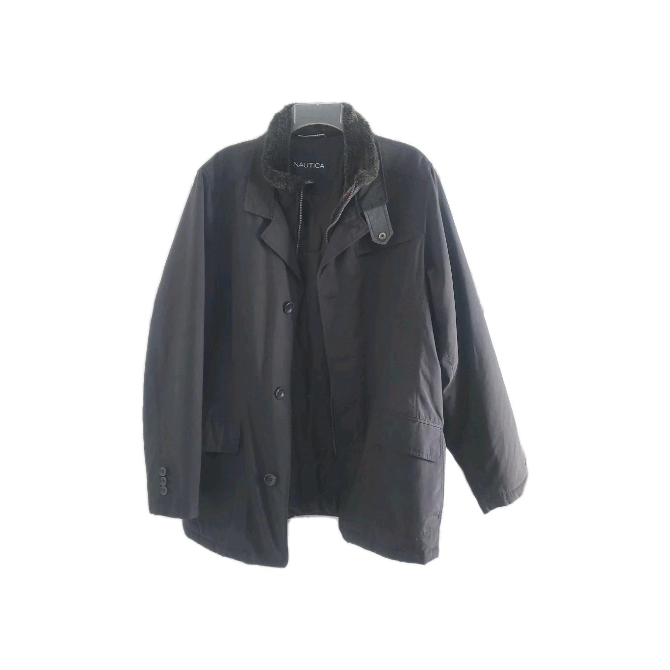 NAUTICA Men's Parka Jacket Botton &Zipped Down Faux Fur Collar Quilted Liner (L)