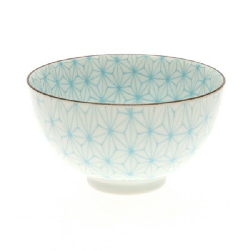 Japanese Rice Soup Bowl 4.5"D Porcelain Blue Asanoha Hemp Leaf Made in Japan