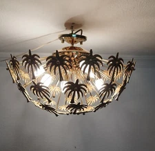 Solid Brass Palm Leaf Statement Chandelier Flush Mount Lighting Ceiling Light 