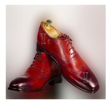 Handmade Men's Burgundy Wing Tip Brogue Pure Leather Dress Shoes, Sale !!!