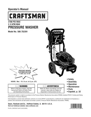 Owners Manual & Parts List Craftsman 2,700 PSI Pressure Washer -Model ...