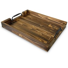 Decorative Large Rustic Wooden Tray 19.5 , Black Sleek Metal Handles Brown