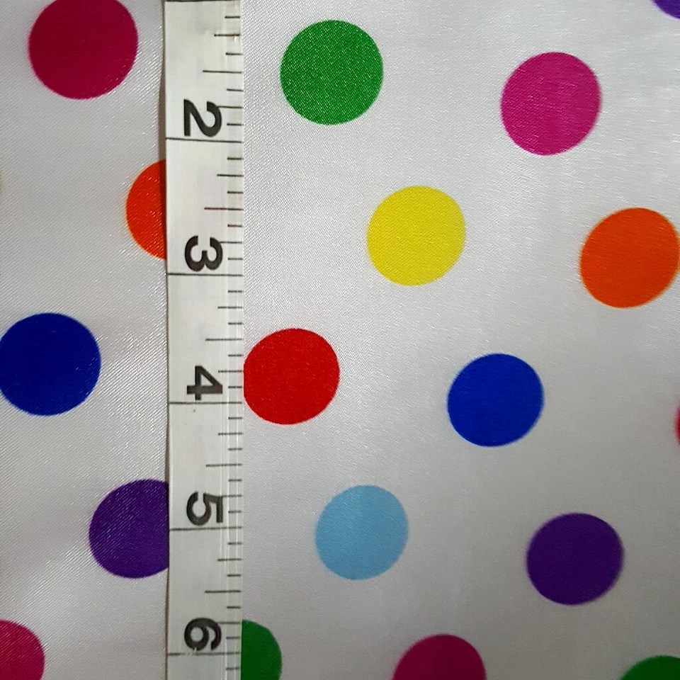 MULTI COLOR POLKA DOT ON WHITE SATIN CHARMEUSE FABRIC 3/4" DOT 58" BY THE YARD  - Image 3 of 4