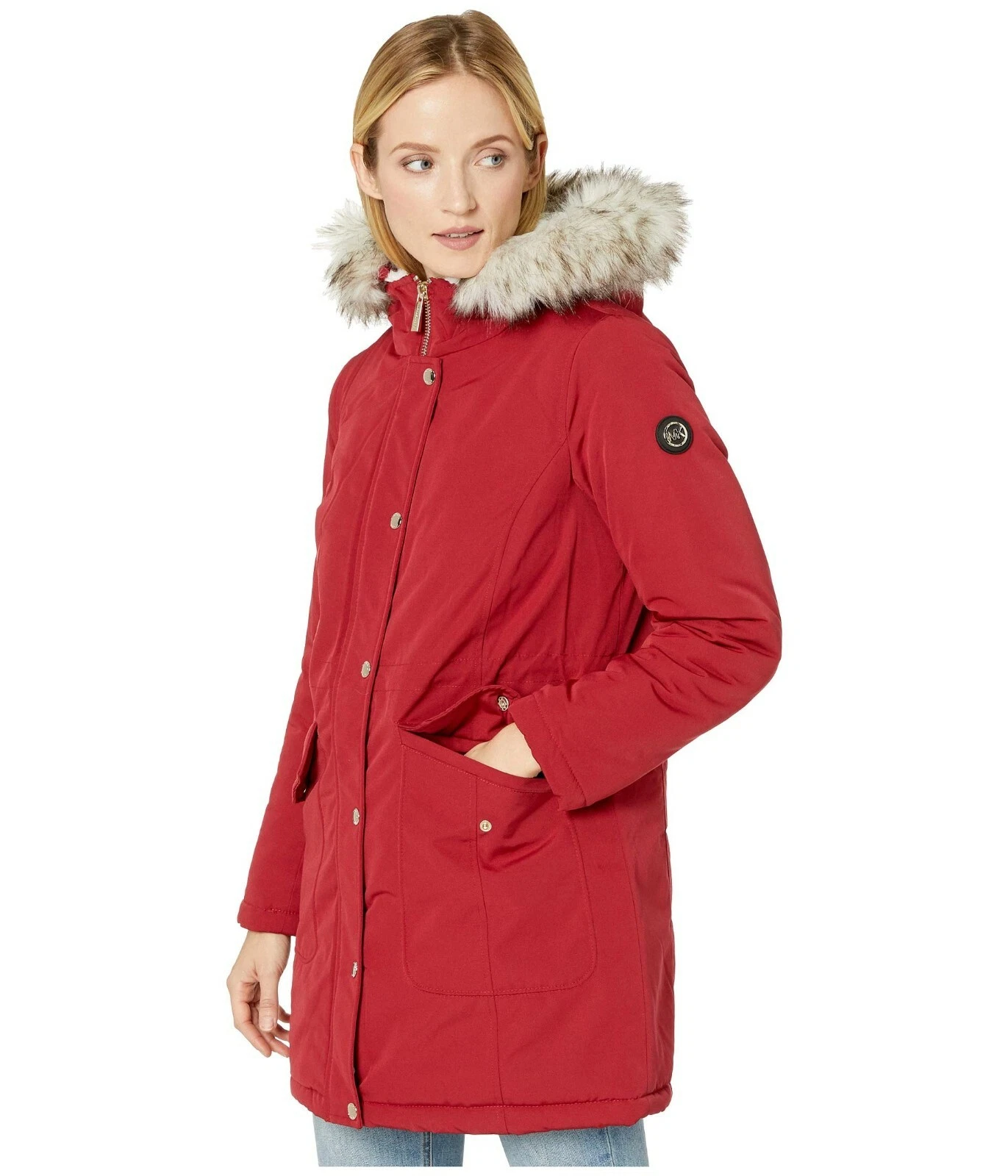 MICHAEL KORS Cappotto Giacca Parka Donna Polyfill Anorak Rosso con Cappuccio Pelliccia Ecopelliccia Tg M
