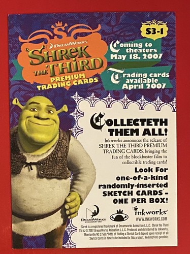 2007 Inkworks Shrek the Third 3rd Promo Card #S3-1 DreamWorks - Picture 2 of 2