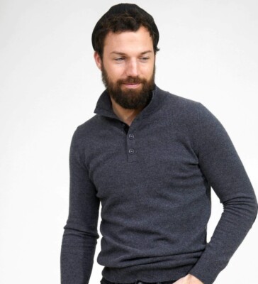 State Cashmere Mock-Neck Quarter Button Polo Sweater L