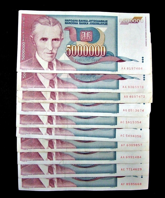 10 pcs x 5 Million Yugoslavia Dinara Banknotes / P-121 currency-CIRCULATED /1993