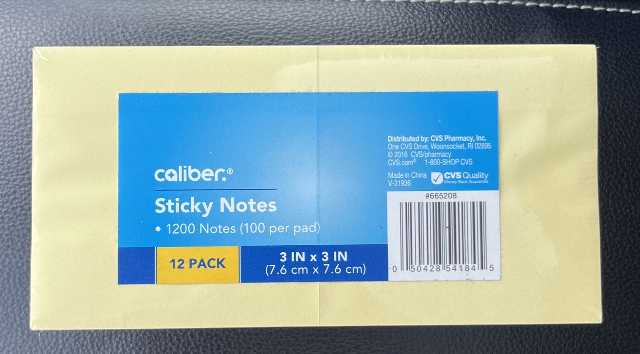 CVS Caliber Sticky Notes, 3” x 3” 12 Pads Of 100, 1200 Notes Total, Yellow-image