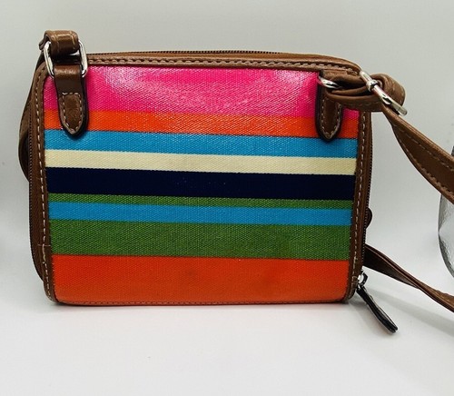 Multi Color Striped Floral Print Coated Canvas Shoulder Bag CrossBody Wallet - Picture 3 of 7