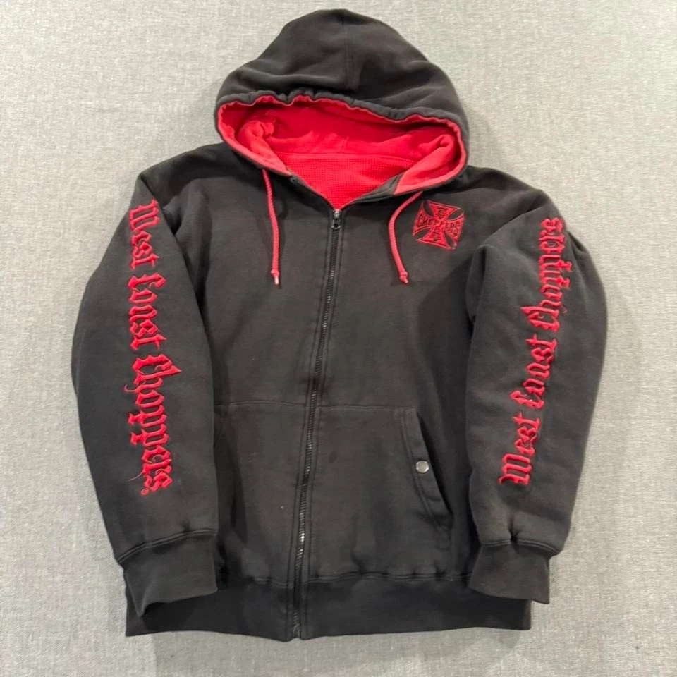 Vintage Y2K West Coast Choppers Hoodie Full Zip Thermal Biker Black Mens Large