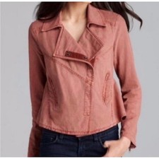 Free People Women Size S Moto Jacket Asymmetrical Linen Blend Rosewood Rose Pink
