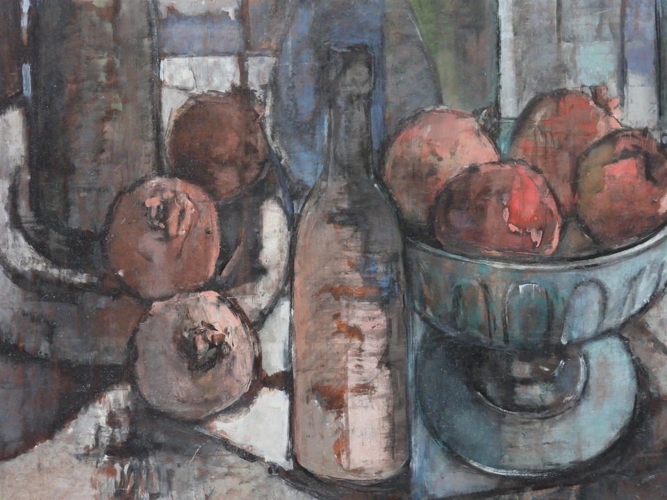 FINE! Signed "ROY" Cubist Abstract Still Life of Fruit & Wine O/B Painting - Image 3 of 4