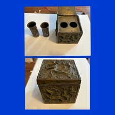 Antique Chinese Slayed Dragons Bronze Box Inkwell Brush Pot With Lid 