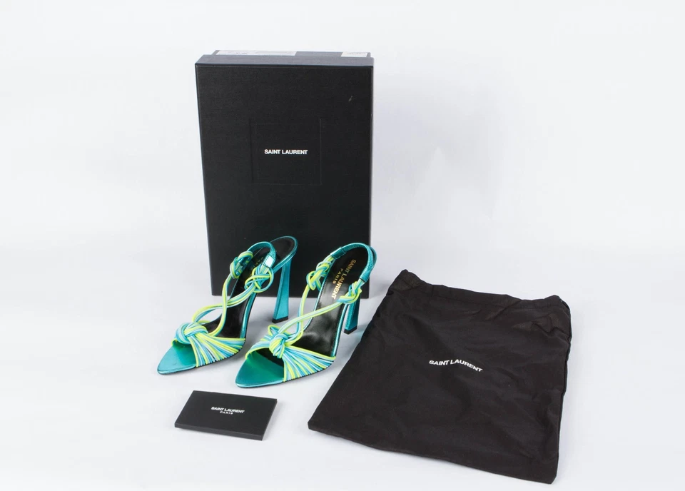 Nuevo Saint Laurent Tacones Cerúleos Stiletto Correa en el Tobillo Punta Caja Bolsa para el Polvo Foto 3 de 4