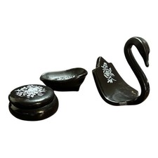 Vtg Black Ceramic Swan Tea Towel Holder w/ White Flower Design Bathroom Set