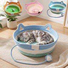 Boho Cat Bed Large Pet Basket Handwoven Catbed Rope Cotton w/ Cushion & Ball Toy